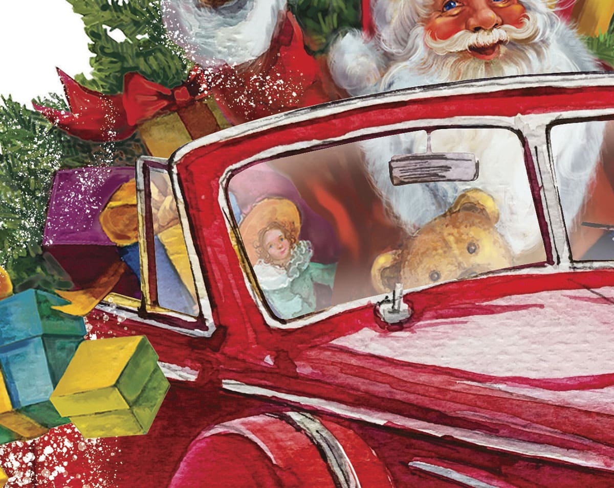 Fragment of watercolor illustration "Santa Claus by car"