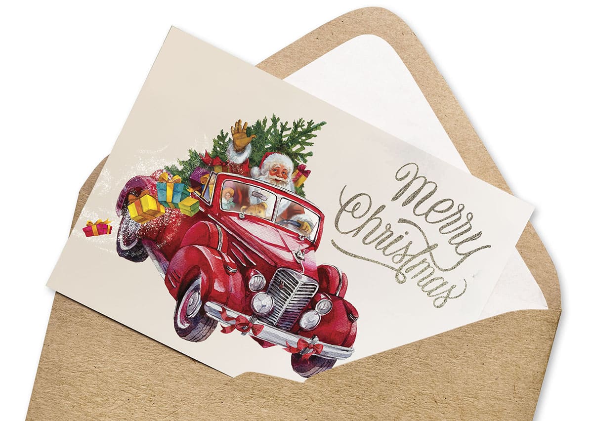 Christmas card "Santa Claus by car"