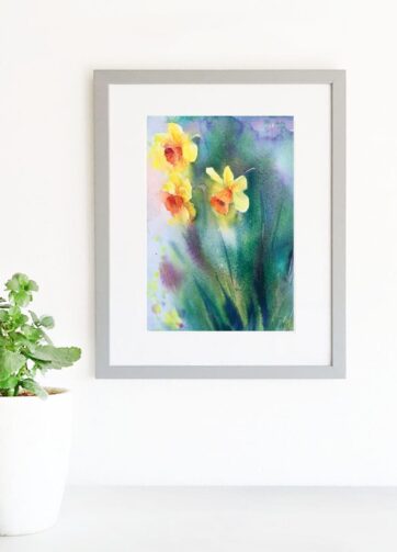 Framed watercolor painting Narcissus