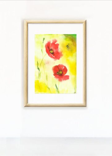 Framed Watercolor "Poppies and the bee"