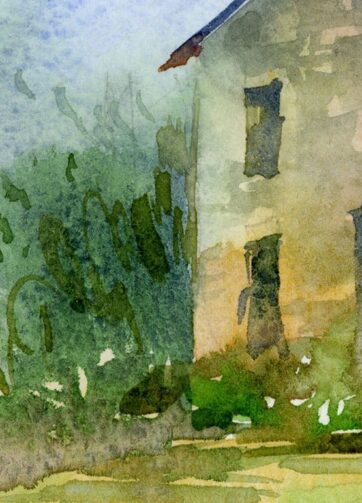 Fragment of Watercolor landscape Old house after rain
