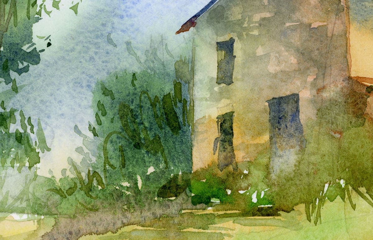 Fragment of Watercolor landscape Old house after rain