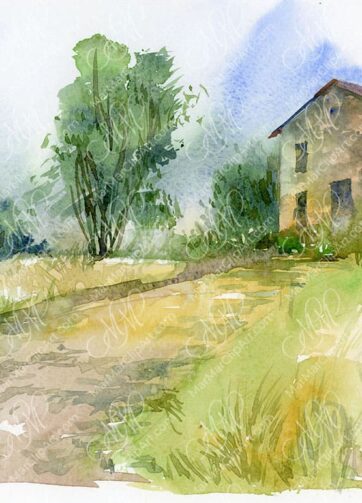 Watercolor landscape Old house after rain