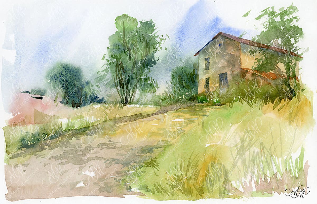 Watercolor landscape Old house after rain
