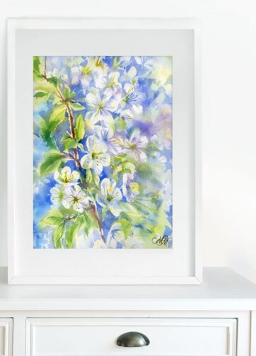 Framed Watercolor painting Blooming apple tree