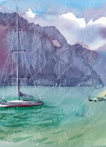 Watercolour landscape Lake Garda