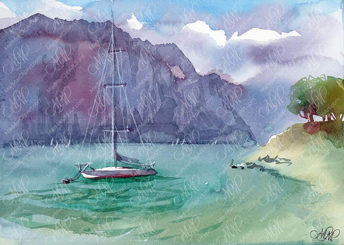 Watercolour landscape Lake Garda
