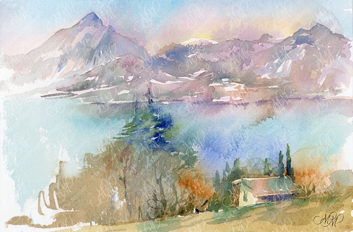 Watercolour sketch "Over Lake Garda"