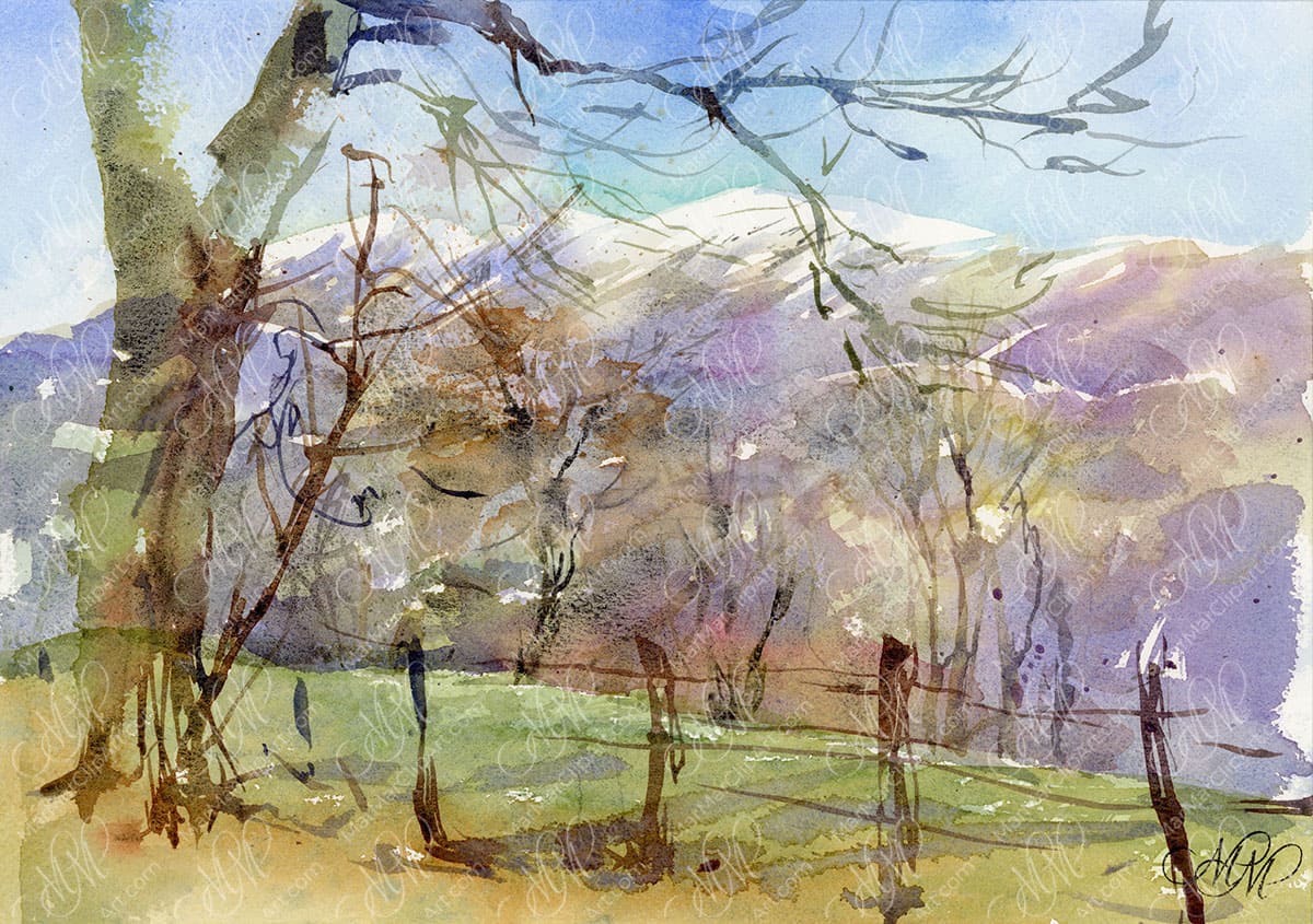 Watercolor sketch Spring landscape