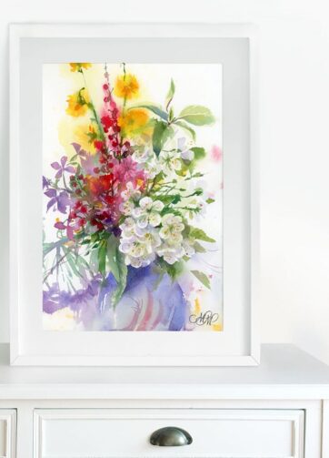 Framed Watercolor painting Spring bouquet