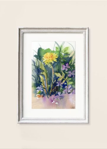 Framed watercolor Dandelion and wildflowers