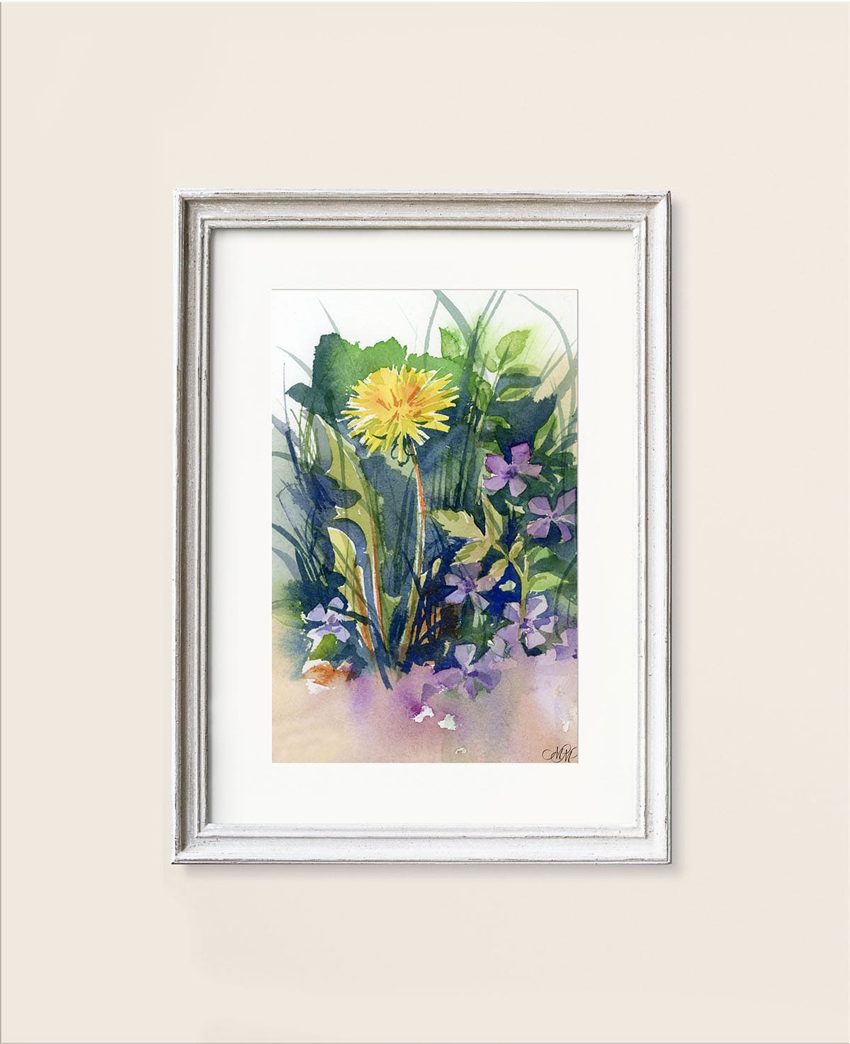 Framed watercolor Dandelion and wildflowers
