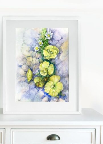 Framed Watercolor Mountain Yellow Poppies
