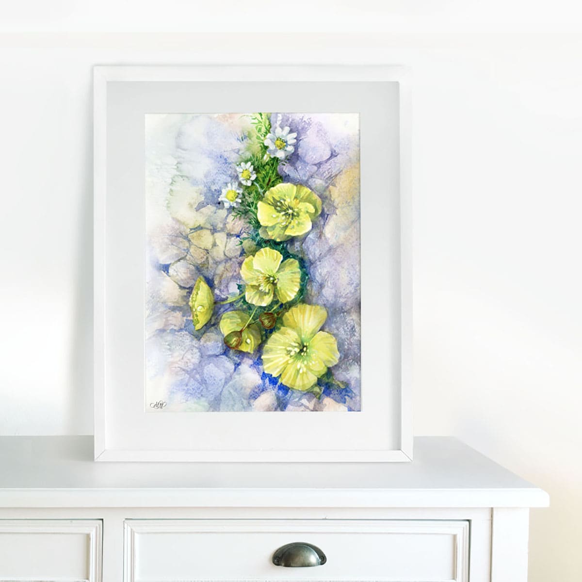 Framed Watercolor Mountain Yellow Poppies