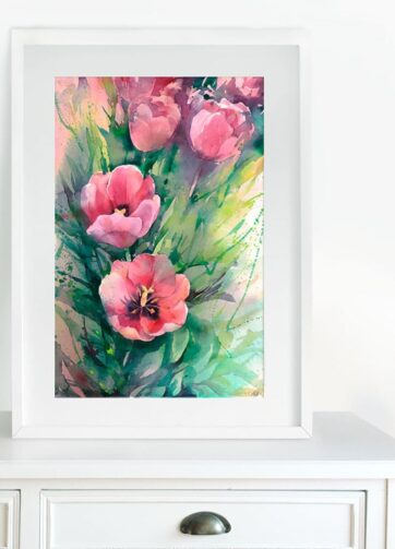 Watercolor floral pink tulips