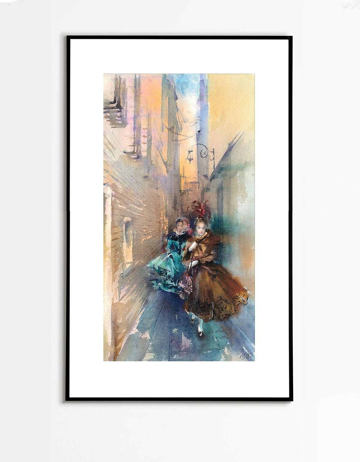 Print watercolor painting Carnival time in Venice framed