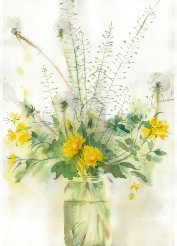 Watercolor Dandelion bouquet with wild herbs