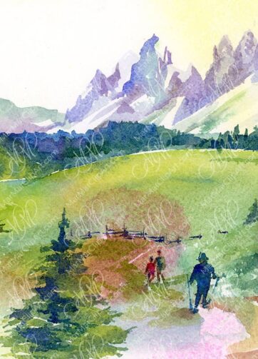 Watercolor Le Odle Val di Funes