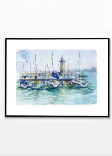 Framed Watercolor "Pier on Lake Garda"