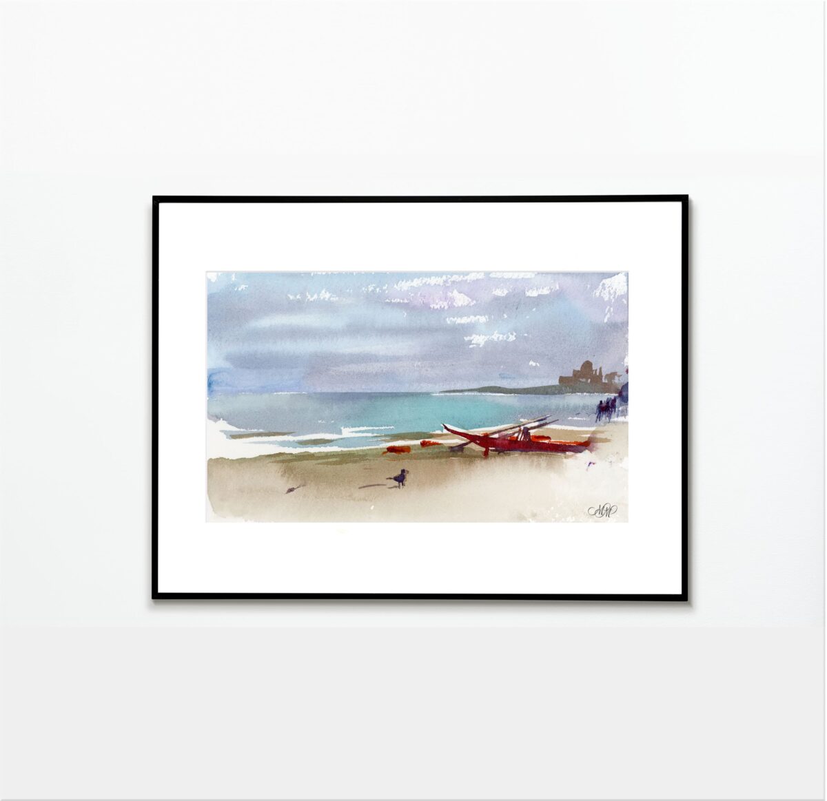 Framed Watercolor The beach of the Venetian lagoon