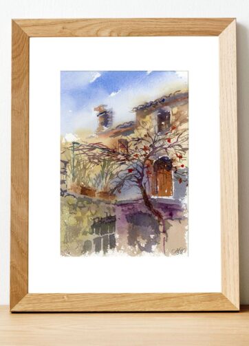 framed Watercolor sketch Old Hause near Lake Garda