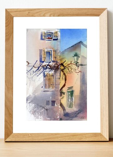 Framed Watercolor Autumn light in San Zeno di Montagna