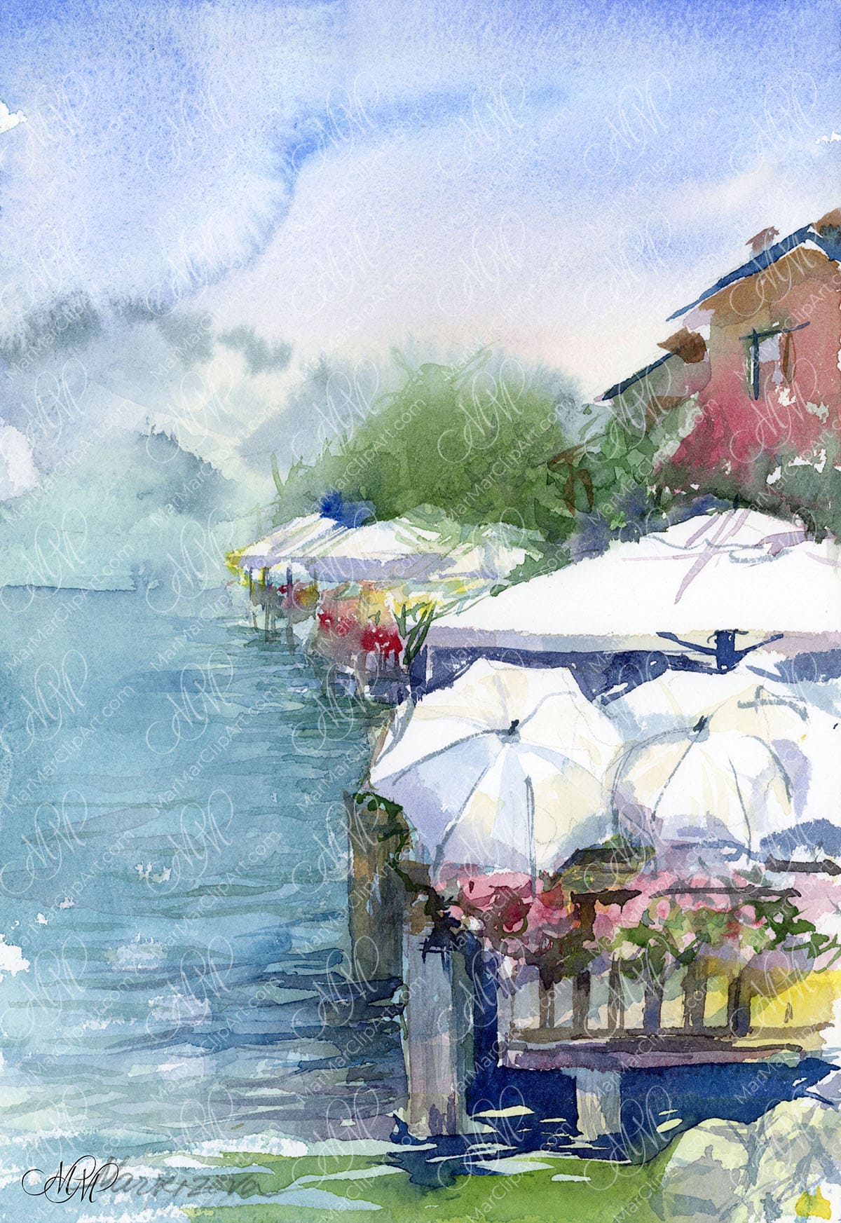 Watercolor Sunny day lake Garda