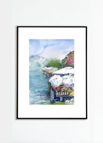 Framed Watercolor Sunny day lake Garda