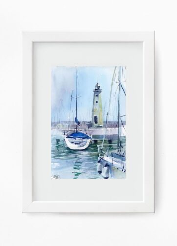 Watercolor Lighthouse of the pier. Lake Garda framed