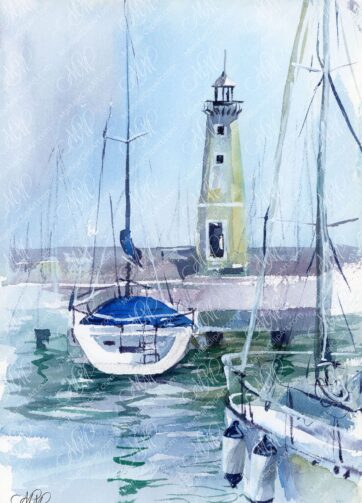 Watercolor Lighthouse of the pier. Lake Garda