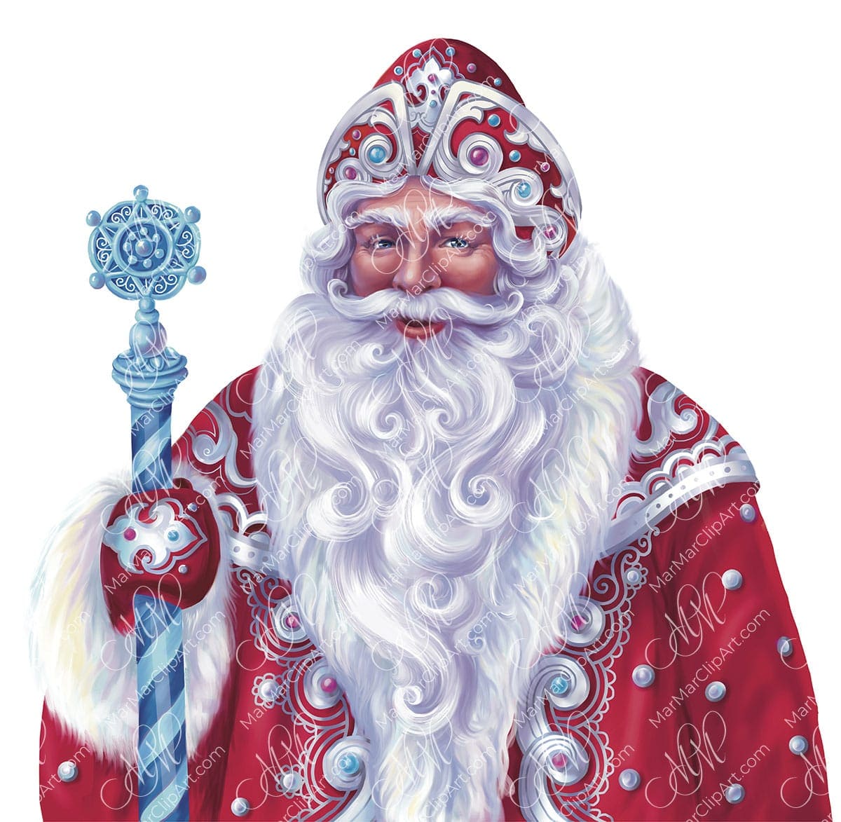 Портрет Деда Мороза с посохом, цифровая иллюстрация