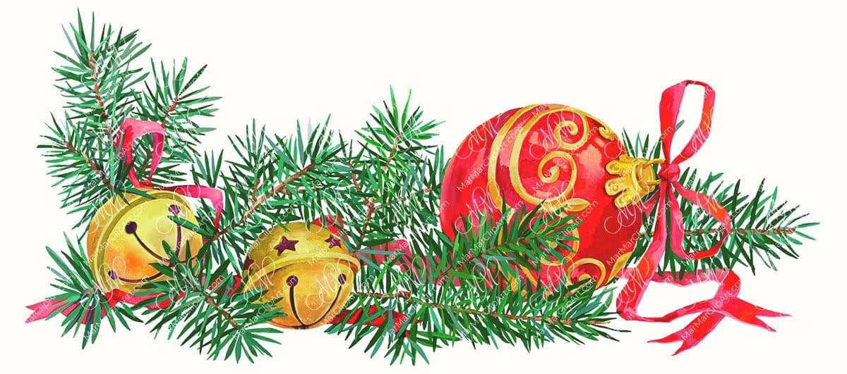 Christmas red ball and Christmas bells with fir branches. Digital illustration isolated on white background
