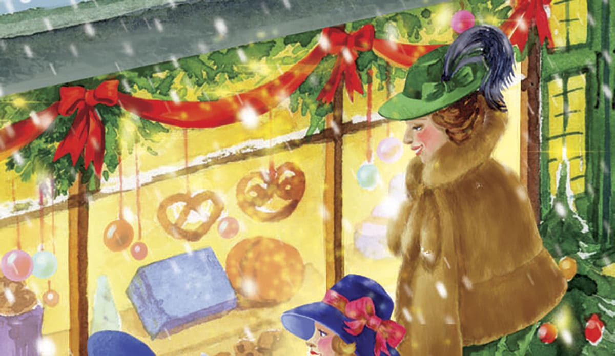Christmas town. Fragment of Christmas watercolor illustration