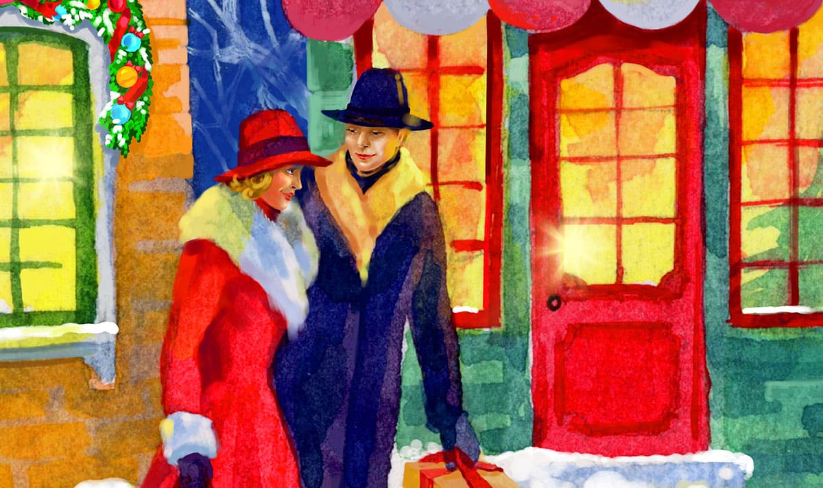 Christmas town at evening. Fragment of Christmas illustration