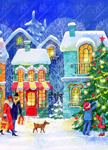 Christmas town at evening. Christmas illustration