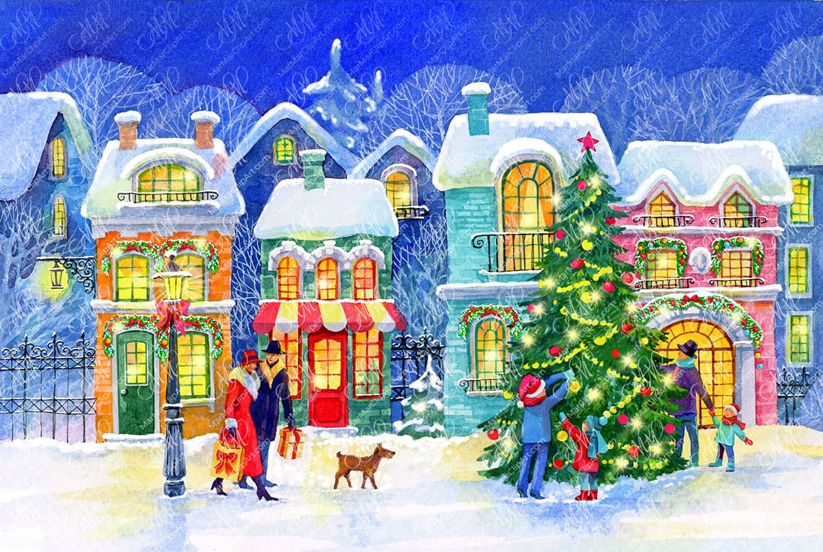 Christmas town at evening. Christmas illustration