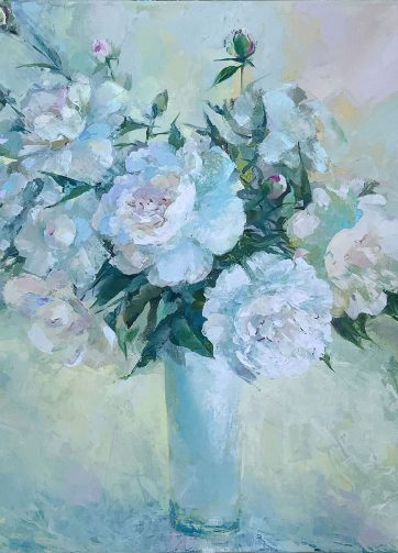 White peonies. Oil painting on canvas