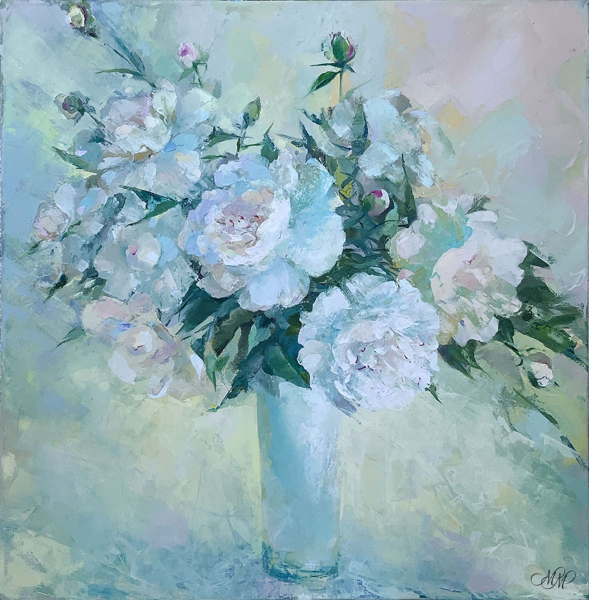 White peonies. Oil painting on canvas