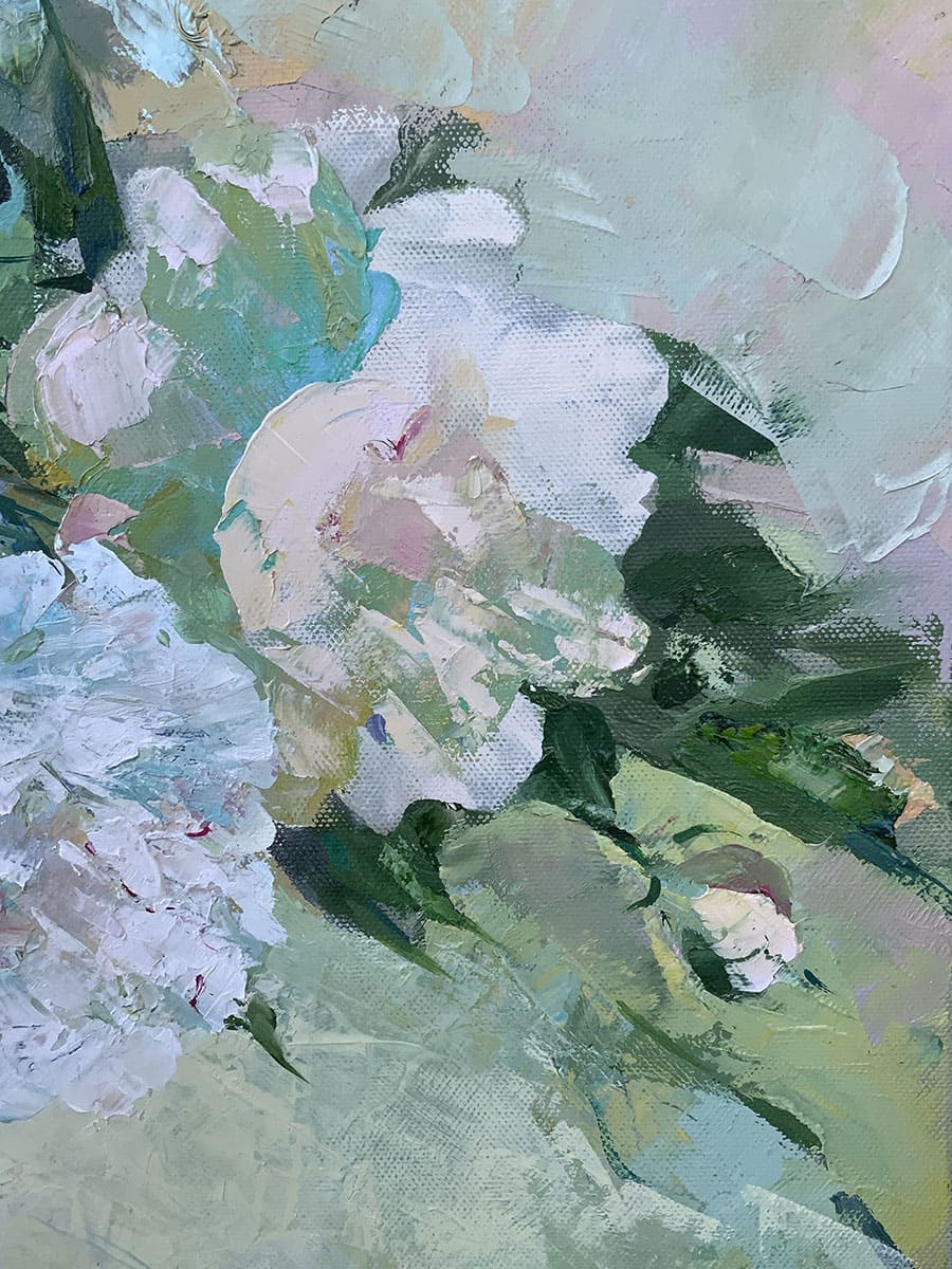 Fragment of White peonies. Oil painting on canvas