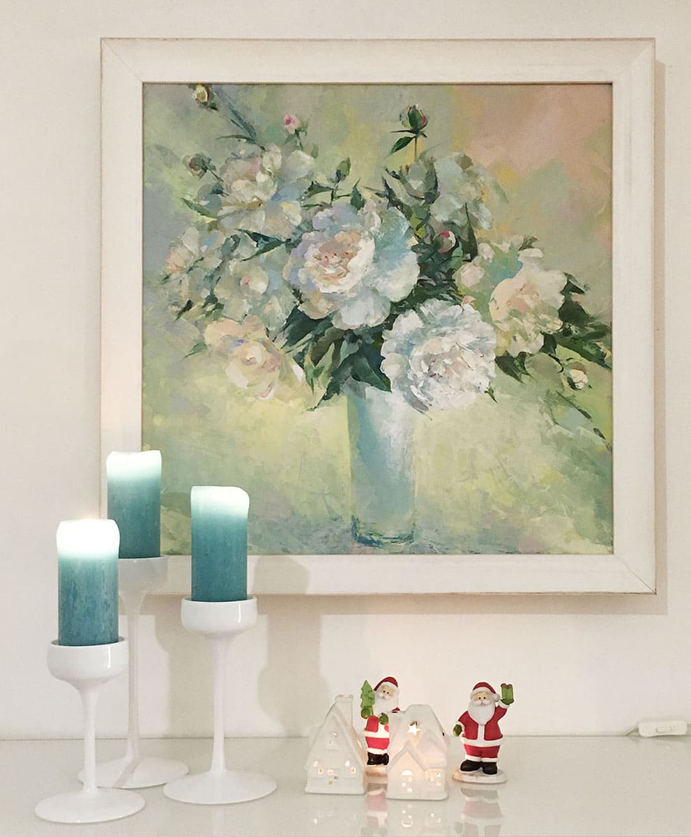 Painting "White Peonies" in the interior. Oil painting on canvas