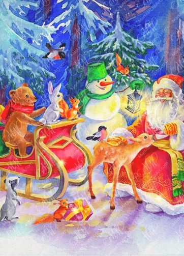 Santa Claus in the winter forest with cute animals and a snowman