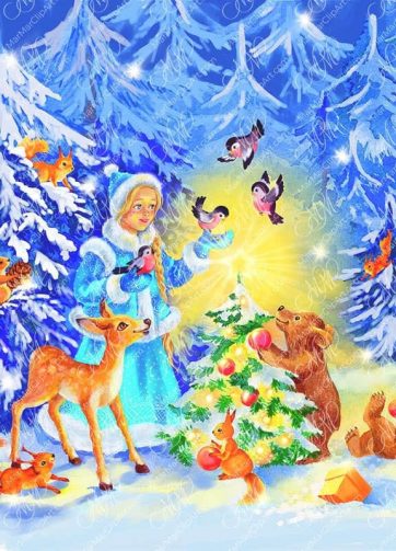 Snow Maiden in the winter forest among cute animals: fawn, squirrels, bunnies. Watercolor illustration