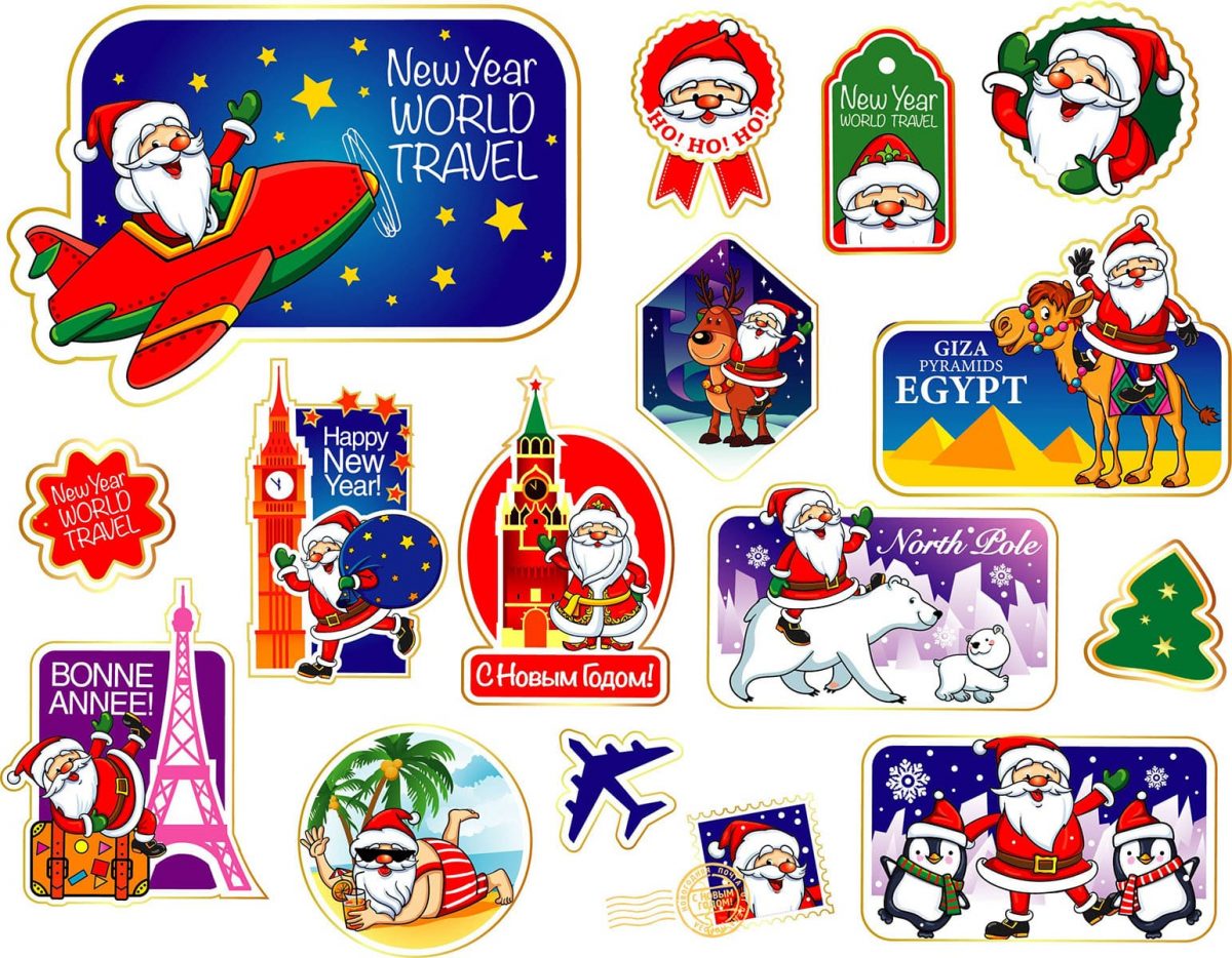 Vector clipart set Santa Claus traveling