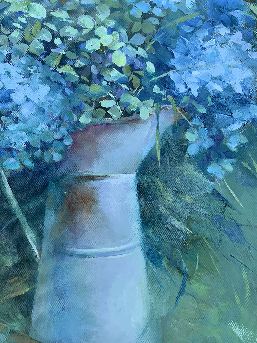 Blue Hydrangeas. Oil painting on canvas. Fragment