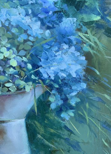 Blue Hydrangeas. Oil painting on canvas. Fragment