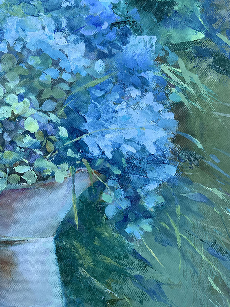 Blue Hydrangeas. Oil painting on canvas. Fragment