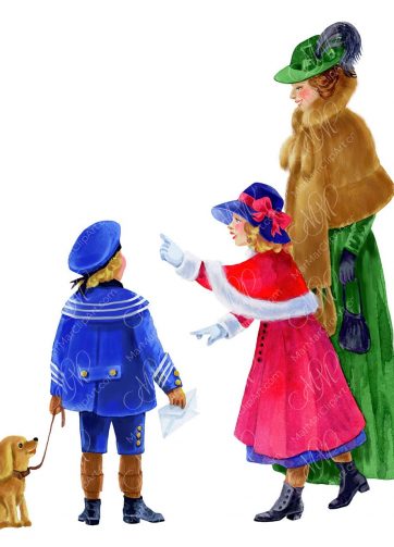 Watercolor illustration: Mather with children looking at gifts