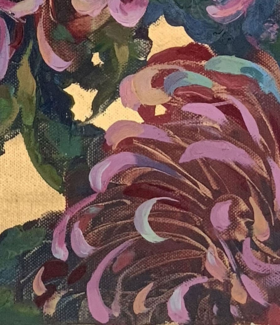 Chrysanthemums on a gold background, fragment of oil painting on canvas