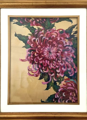 Chrysanthemums on a gold background, framed