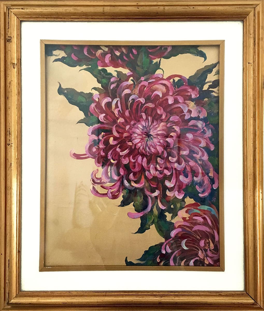 Chrysanthemums on a gold background, framed
